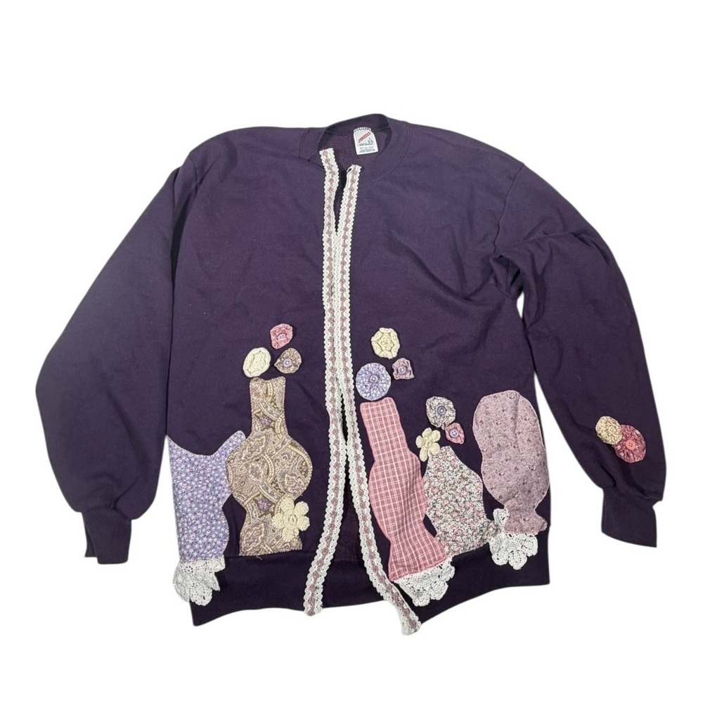 VTG Jerzees Sweatshirt Sweater Custom Design Decorated Purple Cardigan L
